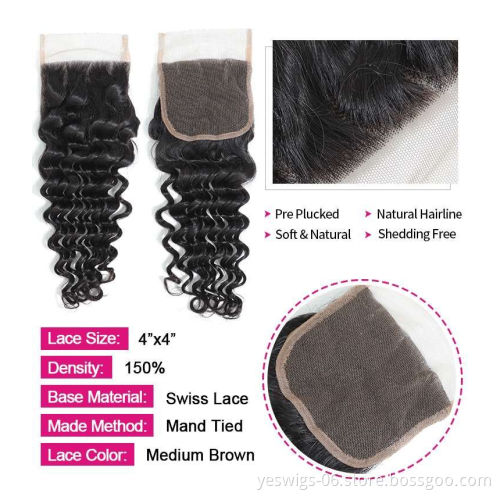 Peruvian Hair Deep Wave Hair 4 Bundles with Closure Remy Human Hair Weave Bundles With Closure Natural Color